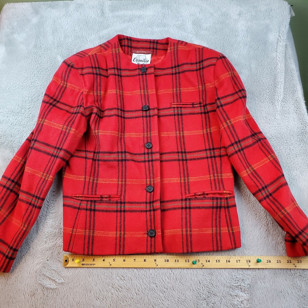 Ermilio Wool Blazer Womens Sz 12 Vintage Collarless Plaid Button Front Red Black
